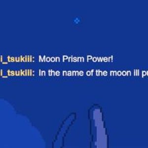 May include: A digital chat interface on a solid blue background featuring the username usagi_tsukiii with two red camera icons and two moon icons. The text reads: usagi_tsukiii: Moon Prism Power! and usagi_tsukiii: In the name of the moon Ill punish you!