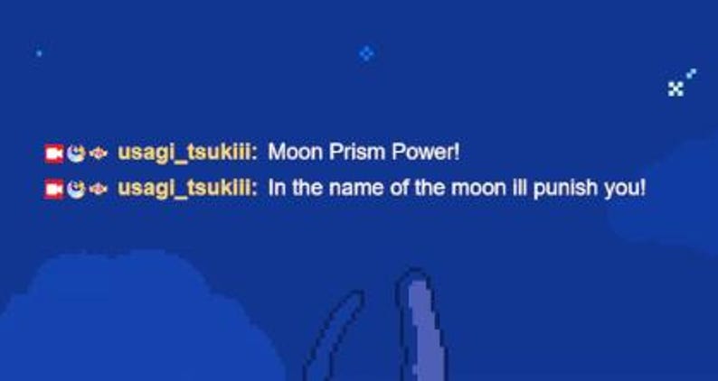May include: A digital chat interface on a solid blue background featuring the username usagi_tsukiii with two red camera icons and two moon icons. The text reads: usagi_tsukiii: Moon Prism Power! and usagi_tsukiii: In the name of the moon Ill punish you!
