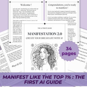 Könnte beinhalten: Ein Ratgeber mit dem Titel "Manifestation 2.0" mit dem Untertitel "Erschaffe dein Traumleben mit KI". Das Cover zeigt eine Schwarz-Weiß-Illustration einer Frau. Der Ratgeber hat 34 Seiten und enthält den Text "Manifestiere wie die Top 1%: Der erste KI-Leitfaden".