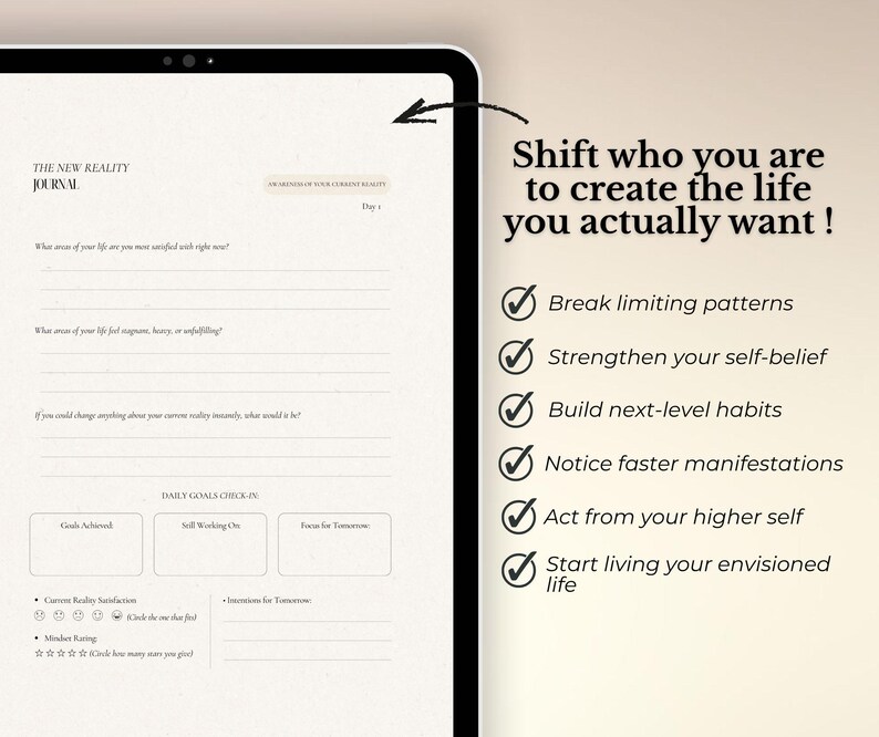 This manifestation journal will give you main character energy and help you create a new reality. It's a guide for manifesting your dreams daily, with reflection prompts that will provoke reality and identity shifting, using the LOA