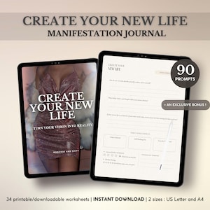 Op de afbeelding: Twee digitale tablets met een "Create Your New Life" manifestatiejournaal. Eén tablet toont een vrouw in een sprankelende jurk, de andere journaalvragen. Tekst bevat "90 Prompts" en "Direct downloaden".
