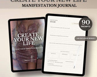 Könnte beinhalten: Zwei digitale Tablets mit einem "Create Your New Life" Manifestationsjournal. Ein Tablet zeigt eine Frau in einem glitzernden Kleid, das andere Journal-Eingabeaufforderungen. Text enthält "90 Prompts" und "Sofort-Download".