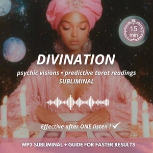 May include: A digital graphic featuring a person in a pink headwrap and clothing, surrounded by planets and candles. Text reads: DIVINATION, psychic visions, predictive tarot readings, SUBLIMINAL, 15 min, Effective after ONE listen!, MP3 SUBLIMINAL + GUIDE FOR FASTER RESULTS.