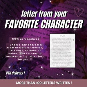 Lettera dal personaggio preferito del cinema Idea regalo per il lettore Lettera di conforto del personaggio Regalo per l'amante del cinema Cotta immaginaria universo cinematografico