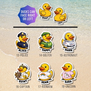 May include: A collection of yellow rubber duck stickers featuring various costumes including a police officer, golfer, astronaut, captain, rainbow shirt, and unicorn shirt. Text labels include names and roles like Olivia 13-Police and Mark 15-Astronaut.