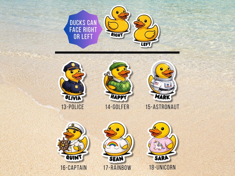 May include: A collection of yellow rubber duck stickers featuring various costumes including a police officer, golfer, astronaut, captain, rainbow shirt, and unicorn shirt. Text labels include names and roles like Olivia 13-Police and Mark 15-Astronaut.