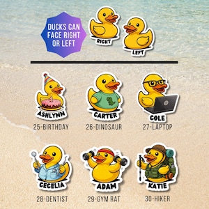 May include: A collection of yellow rubber duck stickers featuring various themes including a birthday duck with cake, a dinosaur shirt duck, a laptop duck, a dentist duck, a gym duck, and a hiker duck. Each sticker includes a name and number label.