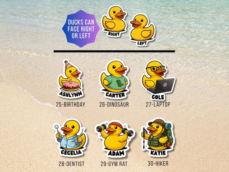 May include: A collection of yellow rubber duck stickers featuring various themes including a birthday duck with cake, a dinosaur shirt duck, a laptop duck, a dentist duck, a gym duck, and a hiker duck. Each sticker includes a name and number label.