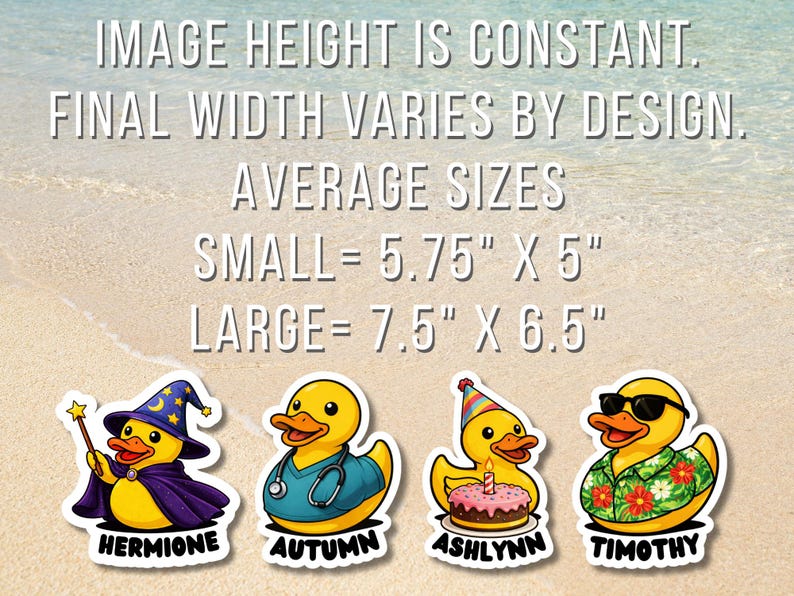 May include: Four yellow rubber duck stickers with text labels. Hermione wears a wizard hat and cape, Autumn has a stethoscope, Ashlynn sits with a birthday cake, and Timothy wears sunglasses and a floral shirt. Sizes: Small 5.75" x 5", Large 7.5" x 6.5".