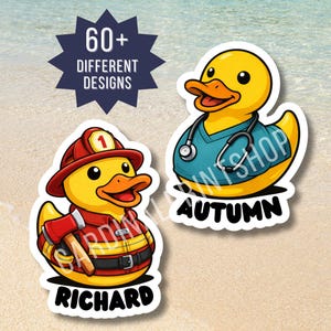 May include: Two cartoon duck stickers. One is a firefighter duck with a red helmet and axe, the other is a doctor duck with a stethoscope. The stickers have the names "Richard" and "Autumn" below them. The image also says "60+ DIFFERENT DESIGNS".