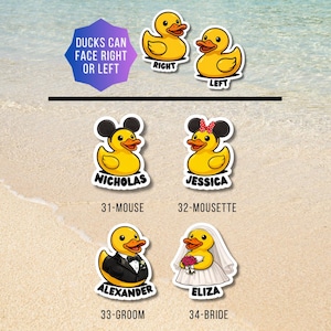 May include: A collection of yellow rubber duck stickers featuring various designs including mouse ears, a tuxedo, and a wedding dress. Text includes DUCKS CAN FACE RIGHT OR LEFT, NICHOLAS, JESSICA, ALEXANDER, ELIZA, and labels 31-MOUSE, 32-MOUSETTE, 33-GROOM, 34-BRIDE.