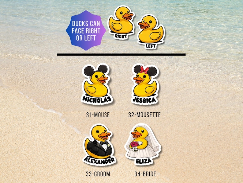 May include: A collection of yellow rubber duck stickers featuring various designs including mouse ears, a tuxedo, and a wedding dress. Text includes DUCKS CAN FACE RIGHT OR LEFT, NICHOLAS, JESSICA, ALEXANDER, ELIZA, and labels 31-MOUSE, 32-MOUSETTE, 33-GROOM, 34-BRIDE.