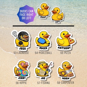 May include: A collection of yellow rubber duck stickers featuring various characters: Josh with a lacrosse stick, Roger with a pickleball paddle, Anthony with pizza, Jerry in a tie-dye shirt, Joe fishing, and Norm the carpenter with a saw.