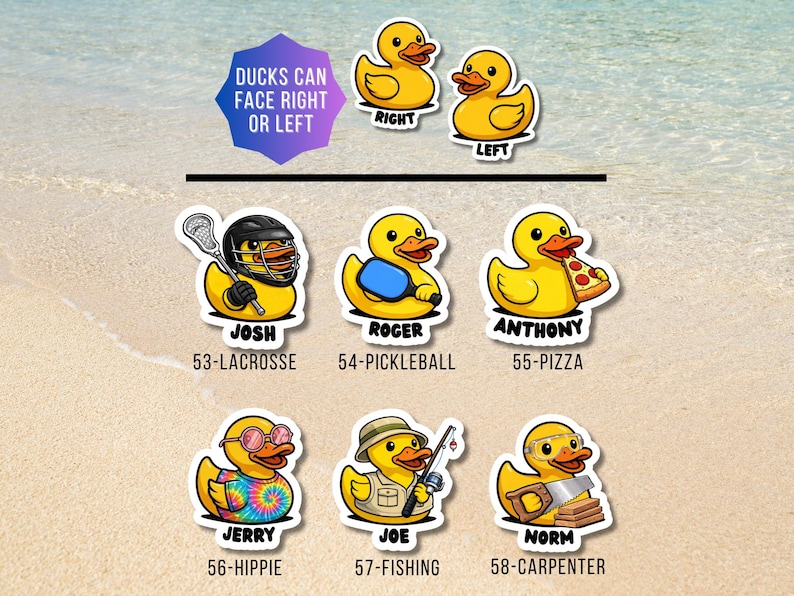 May include: A collection of yellow rubber duck stickers featuring various characters: Josh with a lacrosse stick, Roger with a pickleball paddle, Anthony with pizza, Jerry in a tie-dye shirt, Joe fishing, and Norm the carpenter with a saw.