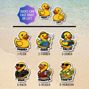 May include: A collection of yellow rubber duck stickers featuring various characters: a plain duck, a farmer with a pitchfork, a gamer with a headset, a biker in a leather jacket, a reader with books, and a Hawaiian duck. Text reads: DUCKS CAN FACE RIGHT OR LEFT.