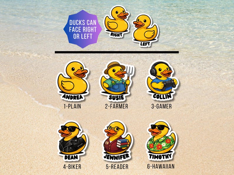 May include: A collection of yellow rubber duck stickers featuring various characters: a plain duck, a farmer with a pitchfork, a gamer with a headset, a biker in a leather jacket, a reader with books, and a Hawaiian duck. Text reads: DUCKS CAN FACE RIGHT OR LEFT.