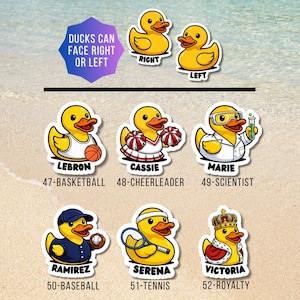 May include: A collection of yellow rubber duck stickers featuring various characters: Lebron the basketball player, Cassie the cheerleader, Marie the scientist, Ramirez the baseball player, Serena the tennis player, and Victoria the royal figure.