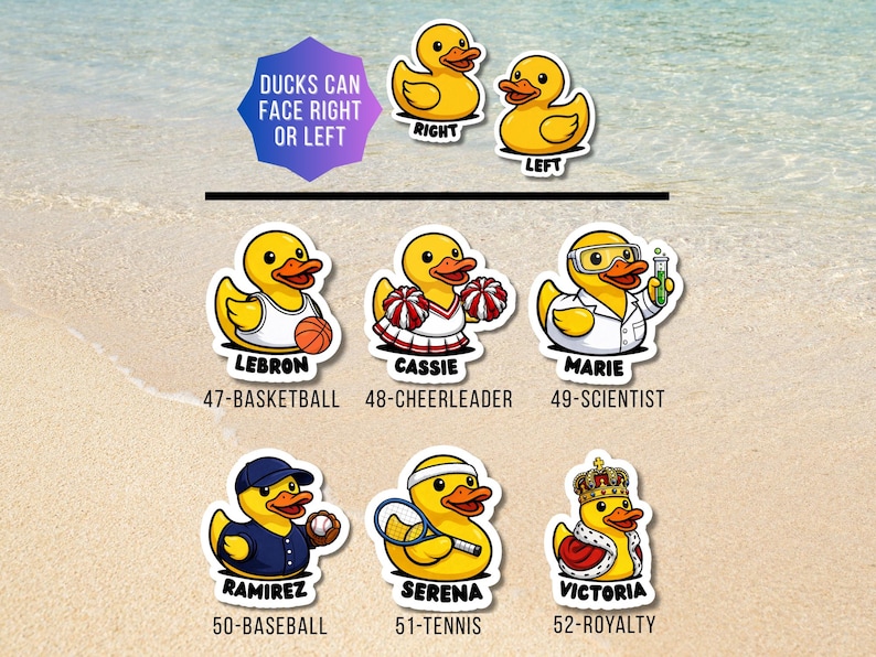 May include: A collection of yellow rubber duck stickers featuring various characters: Lebron the basketball player, Cassie the cheerleader, Marie the scientist, Ramirez the baseball player, Serena the tennis player, and Victoria the royal figure.