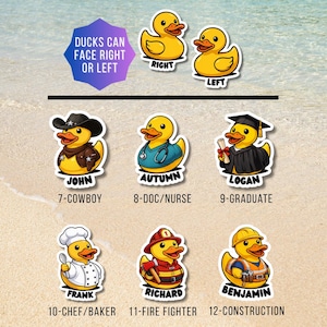 May include: A collection of yellow rubber duck stickers featuring various professions including a cowboy, doctor, graduate, chef, firefighter, and construction worker. Each duck is labeled with a name and number, with text indicating ducks can face right or left.