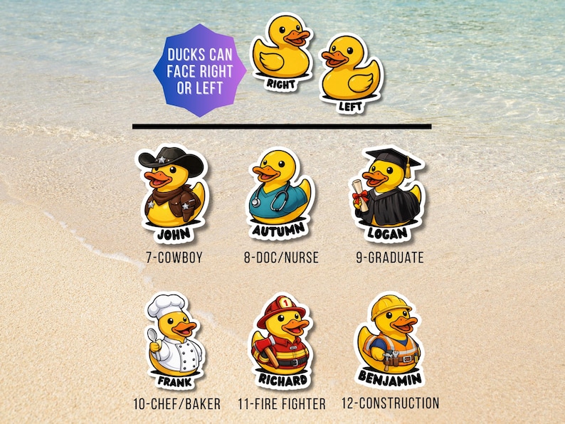 May include: A collection of yellow rubber duck stickers featuring various professions including a cowboy, doctor, graduate, chef, firefighter, and construction worker. Each duck is labeled with a name and number, with text indicating ducks can face right or left.