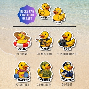 May include: A collection of yellow rubber duck stickers featuring various characters: Julia with a sun hat and life ring, Taylor with a guitar, Cody with a camera, Martha knitting, George in military gear, and Sullivan as a pilot, with text labels.
