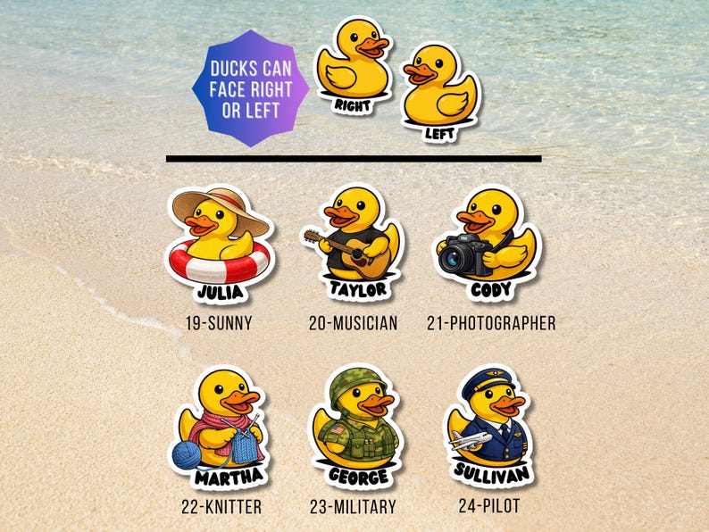 May include: A collection of yellow rubber duck stickers featuring various characters: Julia with a sun hat and life ring, Taylor with a guitar, Cody with a camera, Martha knitting, George in military gear, and Sullivan as a pilot, with text labels.