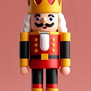 May include: A decorative wooden nutcracker figurine in a classic design. The figurine features a red and black uniform with gold accents, a white wig, a black mustache, and a yellow crown. The nutcracker stands on a red base.