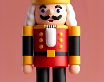 Könnte beinhalten: Ein dekorativer Nussknacker aus Holz in klassischem Design. Die Figur hat eine rot-schwarze Uniform mit goldenen Akzenten, eine weiße Perücke, einen schwarzen Schnurrbart und eine gelbe Krone. Der Nussknacker steht auf einem roten Sockel.