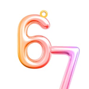 May include: A glossy, gradient-colored number six and seven charm. The number six transitions from orange to pink, while the seven is pink to purple. A small gold-colored loop is at the top of the six.