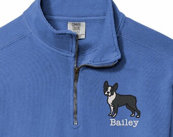 Boston Terrier Quarter Zip Sweatshirt Personalized Custom Embroidered With Name