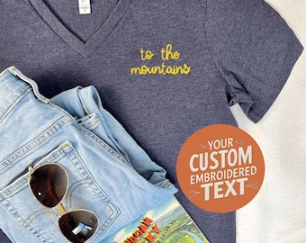 Personalized Chain Stitch Text V-Neck T-Shirt With Embroidered Phrase No Minimum