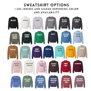 a collection of various colored sweatshirts, each with different designs and patterns, arranged in a grid format.