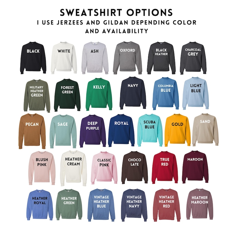 a collection of various colored sweatshirts, each with different designs and patterns, arranged in a grid format.
