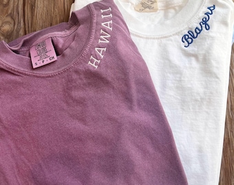 Personalized Embroidered Neckline T-Shirt On Comfort Colors Brand - Long Sleeve Custom Text