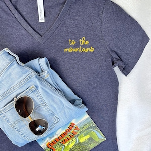 Personalized Chain Stitch Text V-Neck T-Shirt With Embroidered Phrase No Minimum