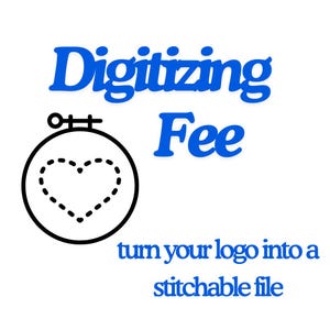 May include: Digitizing Fee: Turn your logo into a stitchable file. The image shows a blue text overlay on a white background with a black and white embroidery hoop with a heart inside.