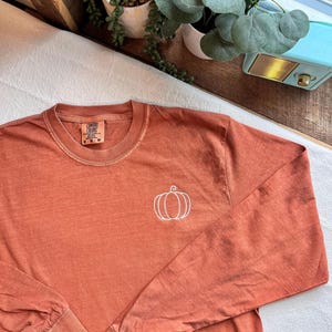 a red long-sleeved t-shirt with a white pumpkin design on the front, placed on a white surface. There are also some potted plants and a turquoise radio in the background.