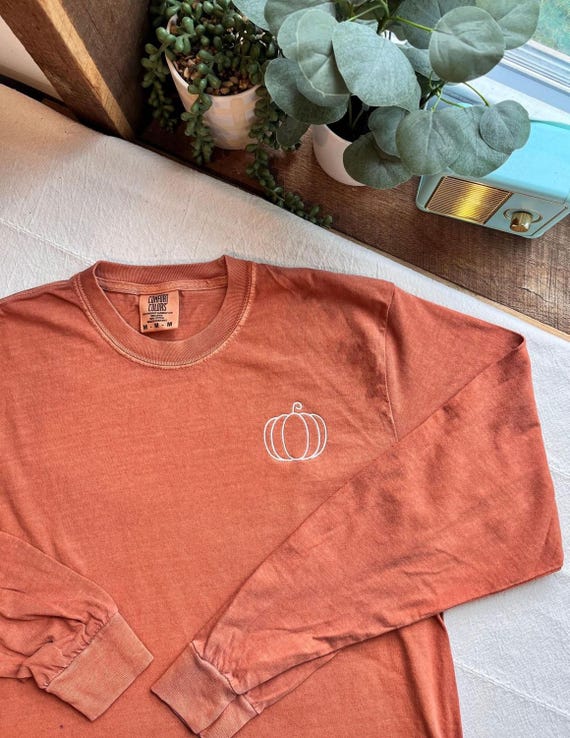 Embroidered Pumpkin Long Sleeve T-Shirt: Comfort Colors Fall Top