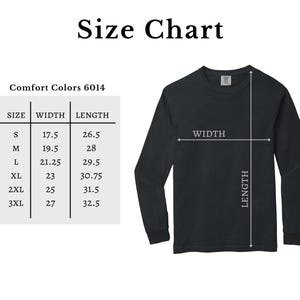 The image is a size chart for a black long-sleeved shirt, with measurements for different sizes ranging from S to XL.
