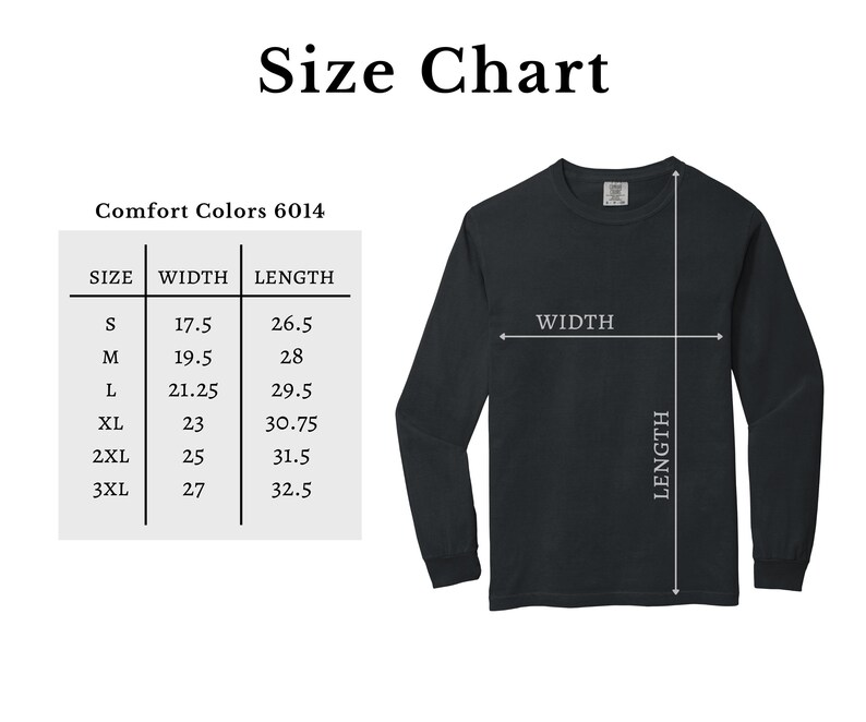 The image is a size chart for a black long-sleeved shirt, with measurements for different sizes ranging from S to XL.