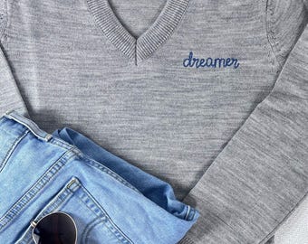 Personalized Chain Stitch Text V-Neck Sweater With Embroidered Phrase No Minimum