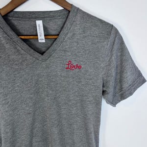 Personalized Love Chain Stitch Text V-Neck T-Shirt With Embroidered Phrase No Minimum