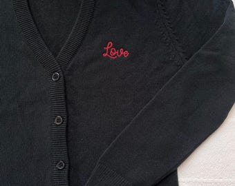 Personalized Chain Stitch Text Cardigan Sweater With Embroidered Phrase No Minimum