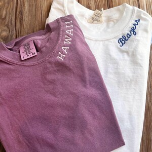 Personalized Embroidered Neckline T-Shirt On Comfort Colors Brand - Long Sleeve Custom Text