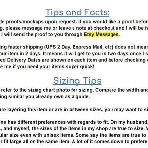 a list of tips and facts about shipping and sizing, providing guidance on how to handle these aspects of online shopping.