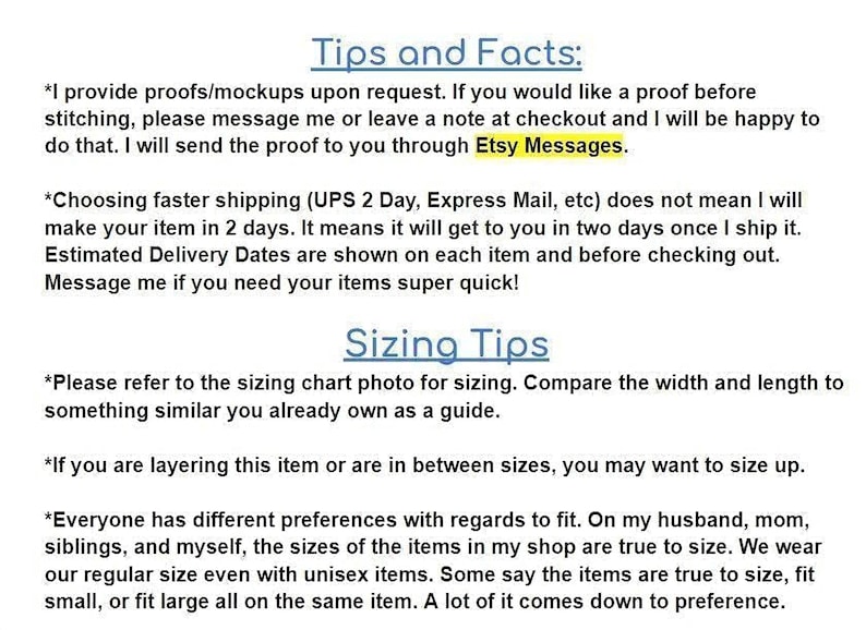 a list of tips and facts about shipping and sizing, providing guidance on how to handle these aspects of online shopping.