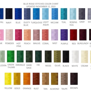 The image is a color chart that displays a variety of different colored threads or yarns, each with a unique color and description. The chart is updated to reflect the colors used in November 2013.