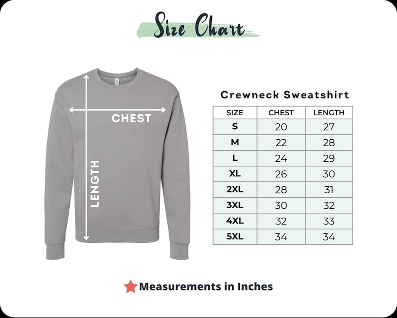 a crewneck sweatshirt with measurements in inches, including chest, waist, and length.