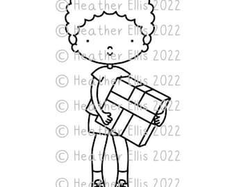 Curly hair boy holding present instant digital download for card making, Birthday Boy Clip Art,