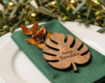 Engraved Wooden Monstera Leaf Place Cards | Tropical Wedding Decor